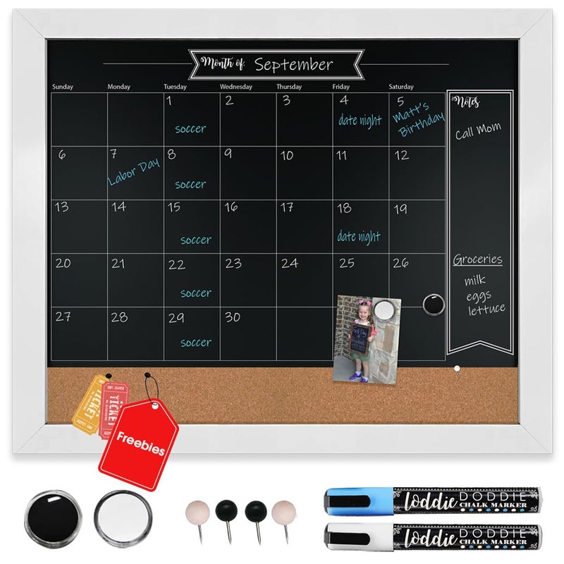 Loddie Doddie Chalkboard Calendar - 18" x 24", White Frame - Magnetic Surface for Magnet Display - Cork Bulletin Board Calendar for Memos & Photos - Menu Board for Kitchen Planning - Image 1